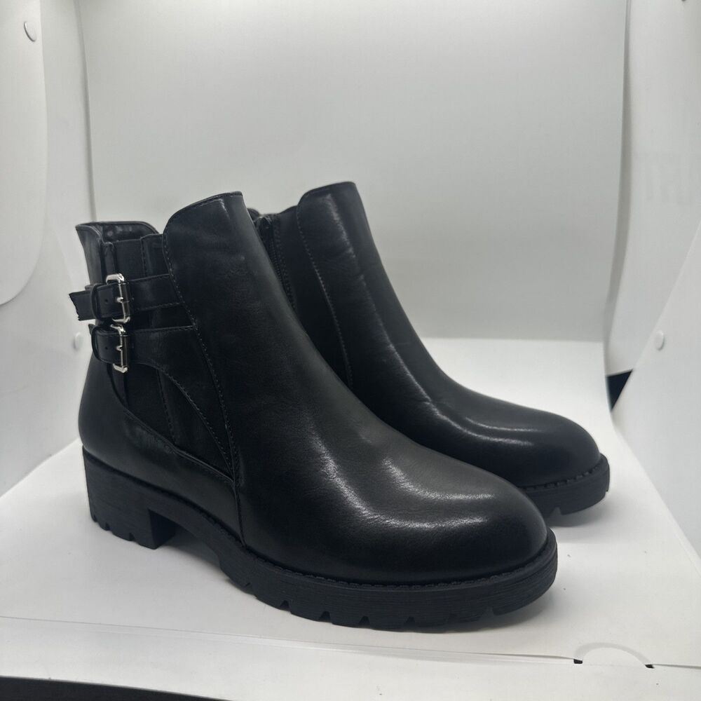 Elditas Stella Black Ankle Combat Boots Double Buckle 2-inch heel Size 9